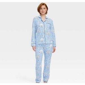 Roller Rabbit x Target Womens Floral Pajama Set Blue Long Sleeve Button Down L
